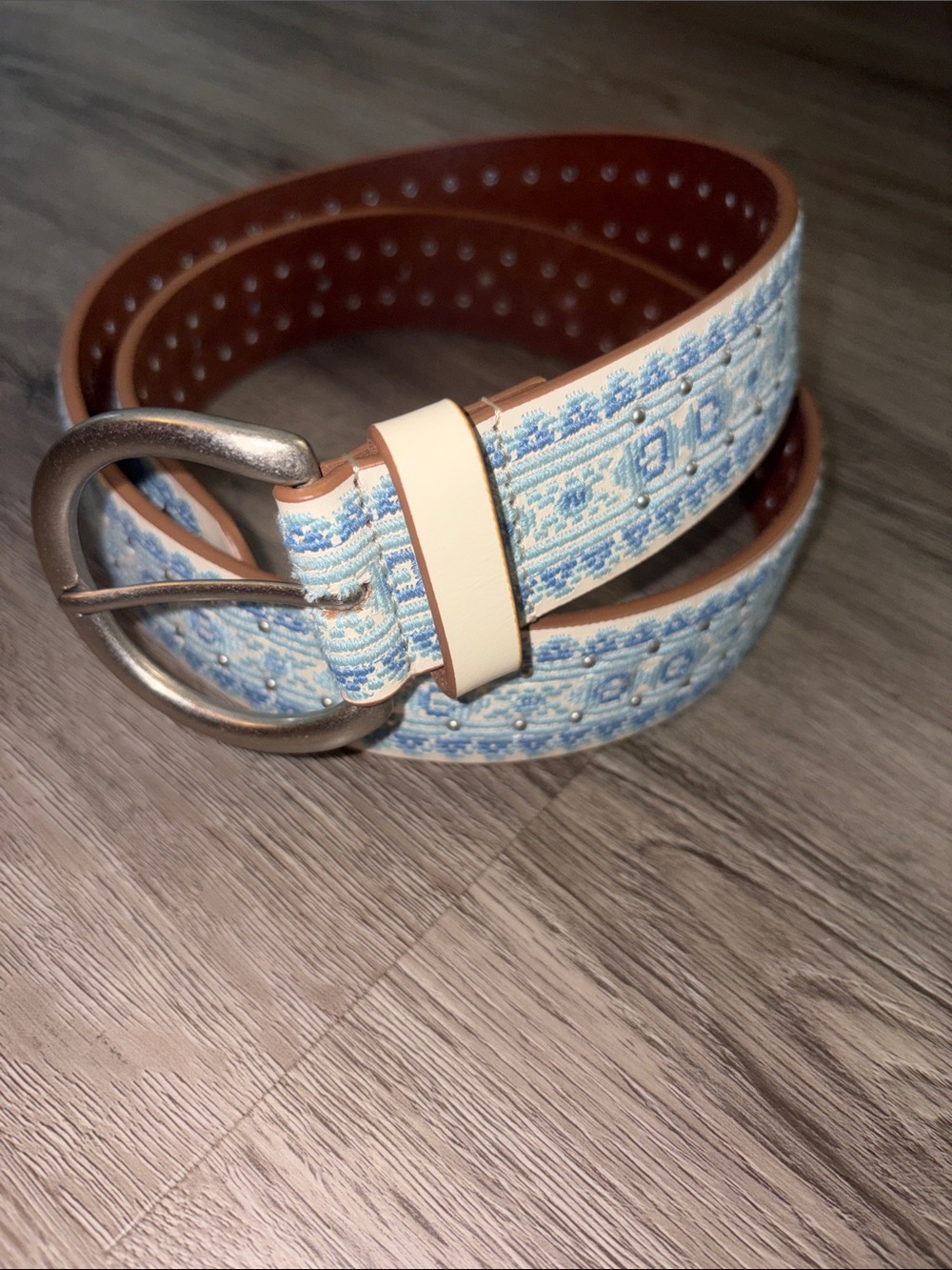 Lucky Brand Light Blue Woven Embroidered Belt with Cream Loop